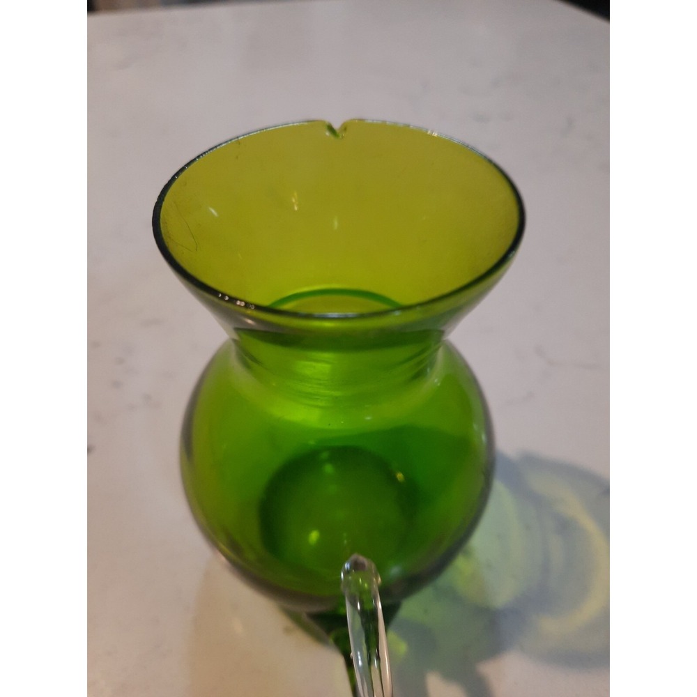 Hand Blown Bright Green Glass Miniature Pitcher Applied Clear Handle Decorative - Picture 4 of 5